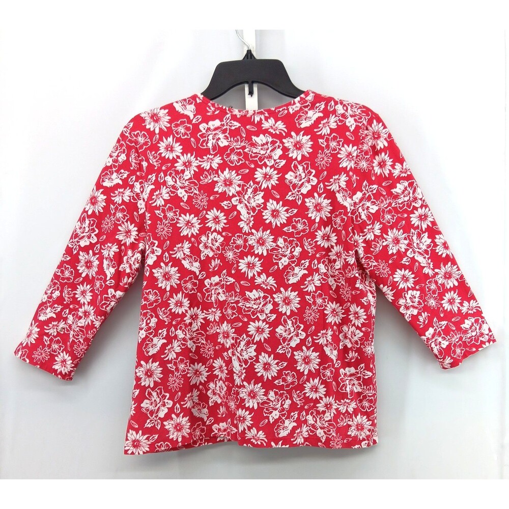 Croft & Barrow Shirt Women Size XL Red White Floral 3/4 Sleeve V Neck Casual Top - Picture 3 of 6